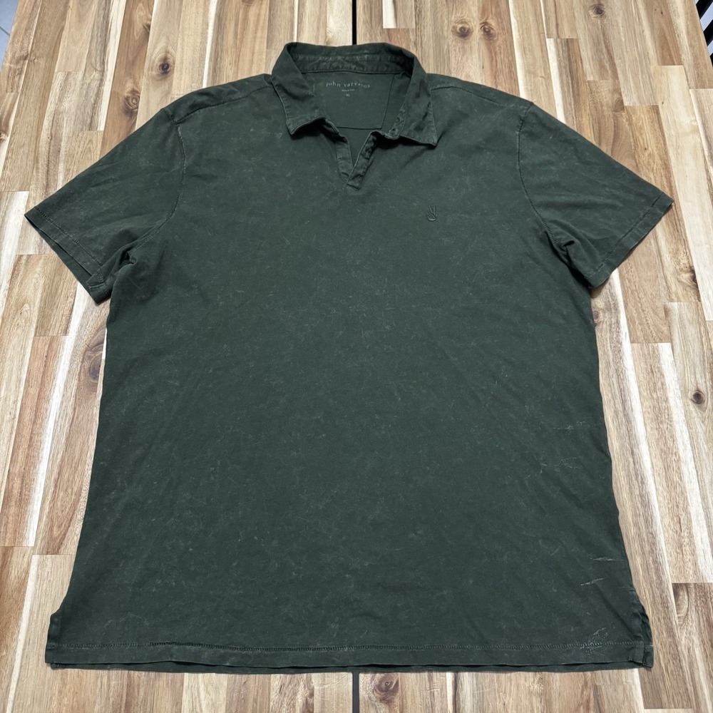 John Varvatos Polo Shirt Mens XL Green Peace Sign Logo Acid Wash BW226B